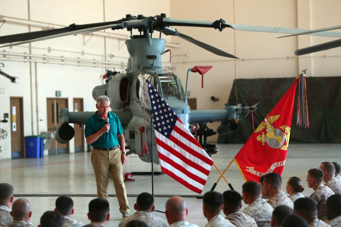 The U.S. Secretary of Defense, Chuck Hagel, speaks during a town hall meeting aboard Marine Corps Base Camp Pendleton, California, Aug. 12, 2014. The purpose of his visit was to thank service members and their families for their contribution to the nation and reinforce his commitment to the defense of the nation. 