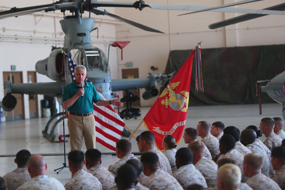 The U.S. Secretary of Defense, Chuck Hagel, speaks during a town hall meeting aboard Marine Corps Base Camp Pendleton, California, Aug. 12, 2014. The purpose of his visit was to thank service members and their families for their contribution to the nation and reinforce his commitment to the defense of the nation. 