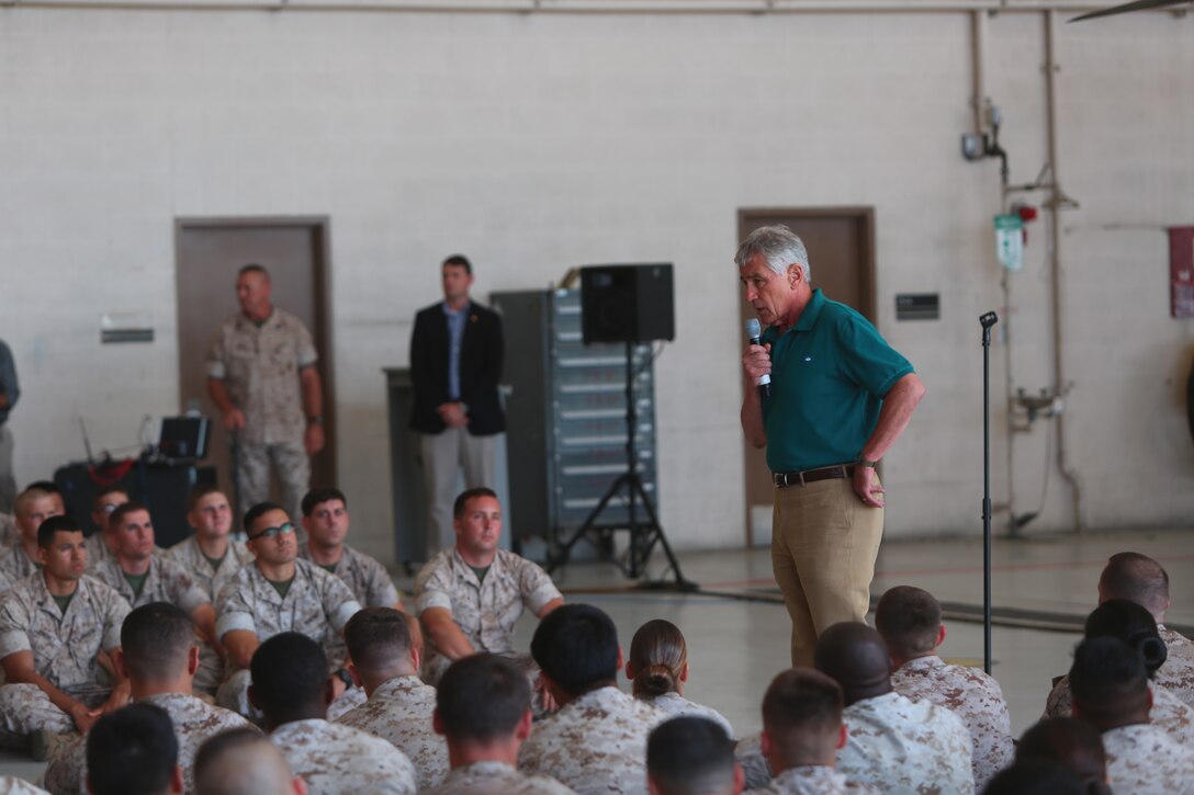 The U.S. Secretary of Defense, Chuck Hagel, speaks during a town hall meeting aboard Marine Corps Base Camp Pendleton, California, Aug. 12, 2014. The purpose of his visit was to thank service members and their families for their contribution to the nation and reinforce his commitment to the defense of the nation. 