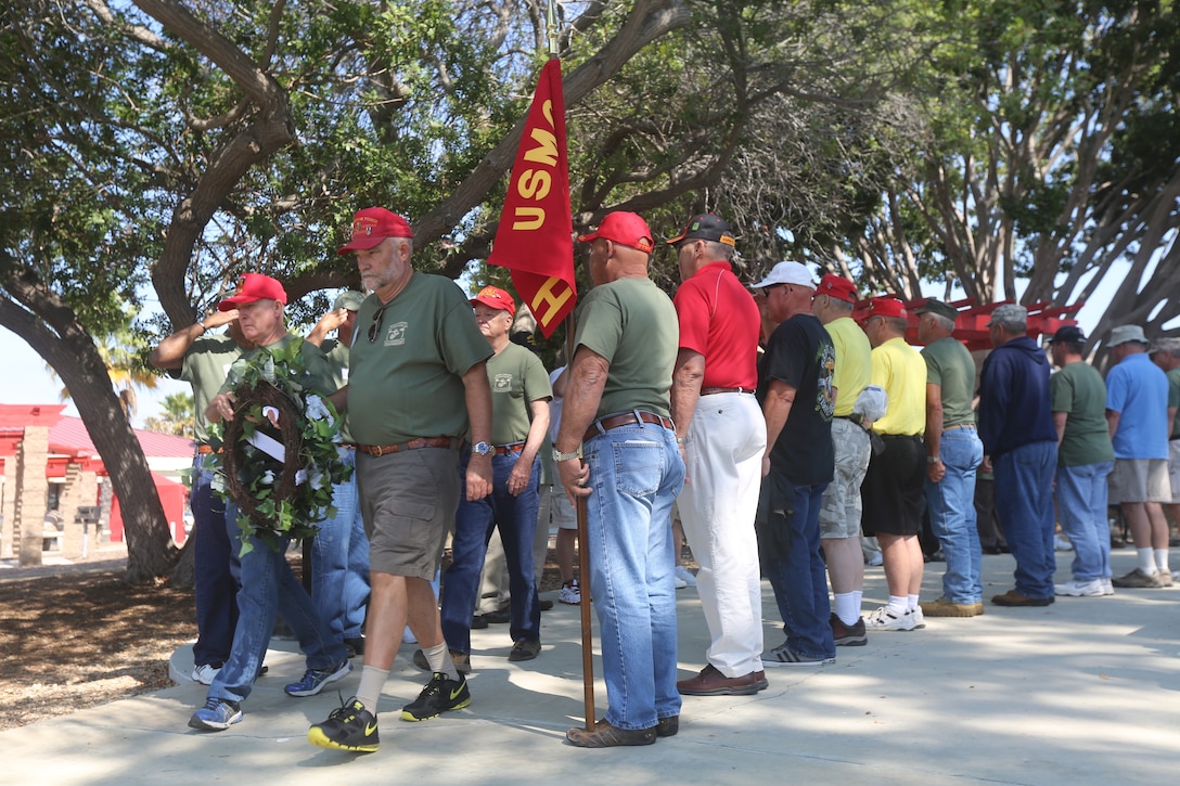 Alumni from Company H, 2nd Battalion, 5th Marine Regiment, 1st Marine Division who fought in the Vietnam War gather in the 5th Marines Memorial Garden aboard Marine Corps Base Camp Pendleton, California on August 7, 2014.  The veteran’s visit included a wreath laying ceremony at the Garden in respect to Operation Enduring Freedom.