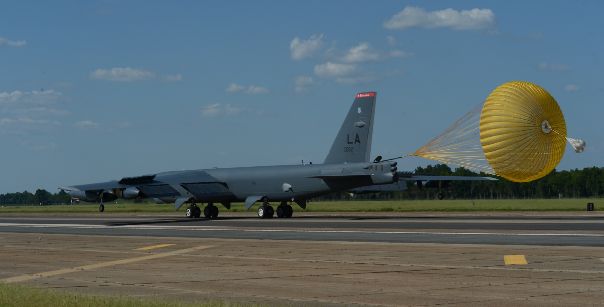 A B52-H Stratofortress lands at Barksdale Air Force Base, Louisiana, after a 15.5-hour nonstop sortie from the United States to the U.S. Southern Command area of responsibility Aug. 12, 2014. The long-range intelligence, surveillance and reconnaissance mission was part of a scenario to defend the Panama canal from myriad threats during PANAMAX 2014, a multinational U.S. Southern Command-sponsored exercise. Forces from 17 nations participated in the annual exercise, which contributes to interoperability, and builds the capabilities of the participating nations to plan and execute complex multinational operations. For aircrews, the ability to work in an unfamiliar environment, hone ISR capabilities, and test aerial command and control capabilities during PANAMAX was invaluable. “I had only worked in the SOUTHCOM AOR once before this exercise,” said Capt. Jonathan Morse, one of two aircraft commanders on the mission. “[PANAMAX] allowed crewmembers that have not operated in a different area of operations to gain valuable experience and bring that back to the B-52 community. I believe it also made SOUTHCOM better aware of our capabilities and confident that they can call upon our B-52s when in need.”  (U.S. Air Force photo/Senior Airman Benjamin Gonsier)