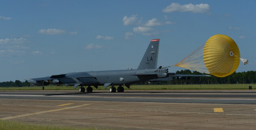 A B52-H Stratofortress lands at Barksdale Air Force Base, Louisiana, after a 15.5-hour nonstop sortie from the United States to the U.S. Southern Command area of responsibility Aug. 12, 2014. The long-range intelligence, surveillance and reconnaissance mission was part of a scenario to defend the Panama canal from myriad threats during PANAMAX 2014, a multinational U.S. Southern Command-sponsored exercise. Forces from 17 nations participated in the annual exercise, which contributes to interoperability, and builds the capabilities of the participating nations to plan and execute complex multinational operations. For aircrews, the ability to work in an unfamiliar environment, hone ISR capabilities, and test aerial command and control capabilities during PANAMAX was invaluable. “I had only worked in the SOUTHCOM AOR once before this exercise,” said Capt. Jonathan Morse, one of two aircraft commanders on the mission. “[PANAMAX] allowed crewmembers that have not operated in a different area of operations to gain valuable experience and bring that back to the B-52 community. I believe it also made SOUTHCOM better aware of our capabilities and confident that they can call upon our B-52s when in need.”  (U.S. Air Force photo/Senior Airman Benjamin Gonsier)