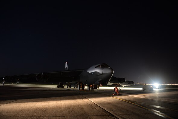 A B-52H Stratofortress, assigned to the 96th Bomb Squadron, Barksdale Air Force Base, Louisiana, sits ready for departure from Ellsworth Air Force Base, South Dakota, prior to a mission to the U.S. Southern Command area of operations Aug. 11, 2014.  Assigned to the 2nd Bomb Wing, Barksdale Air Force Base, Louisiana, the aircraft and seven-person aircrew participated in PANAMAX 2014, an annual, U.S. Southern Command-sponsored multinational exercise that focuses on ensuring the defense of the Panama Canal.  For Air Force Global Strike Command, PANAMAX was an opportunity to familiarize aircrews with the region and train in long-range intelligence, surveillance and reconnaissance operations – a unique mission set not normally associated with bomber operations. “In order to maintain the readiness of our forces, it is important to provide the opportunity for them to train and operate their capabilities in various geographical locations and environments,” said Maj. Gen. Scott Vander Hamm, commander of 8th Air Force (Air Forces Strategic), located at Barksdale Air Force Base, and the Joint Functional Component Commander for Global Strike, U.S. Strategic Command, located at Offutt, Air Force Base, Nebraska. “Having a U.S. bomber presence and participation in a variety of multinational and joint exercises also demonstrates U.S. commitment and capability and contributes to security at home and abroad.” (U.S. Air Force photo by Airman 1st Class Rebecca Imwalle/Released)