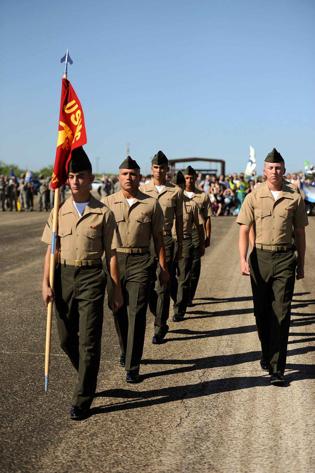 GOODFELLOW AIR FORCE BASE, Texas – Marine Corps Detachment students execute a drill routine during the third quarter drill competition on the flight line Aug. 9. The Marine detachment won first place in regulation drill, their first time participating in the 17th Training Group drill competition. (U.S. Air Force photo/ Airman 1st Class Devin Boyer)