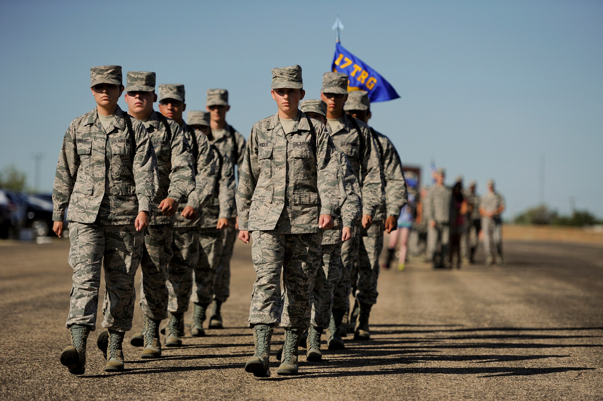 GOODFELLOW AIR FORCE BASE, Texas – The 316th Training Squadron executes a drill routine during the third quarter drill competition on the flight line Aug. 9. Each routine was judged based on a point deduction system. (U.S. Air Force photo/ Airman 1st Class Devin Boyer)