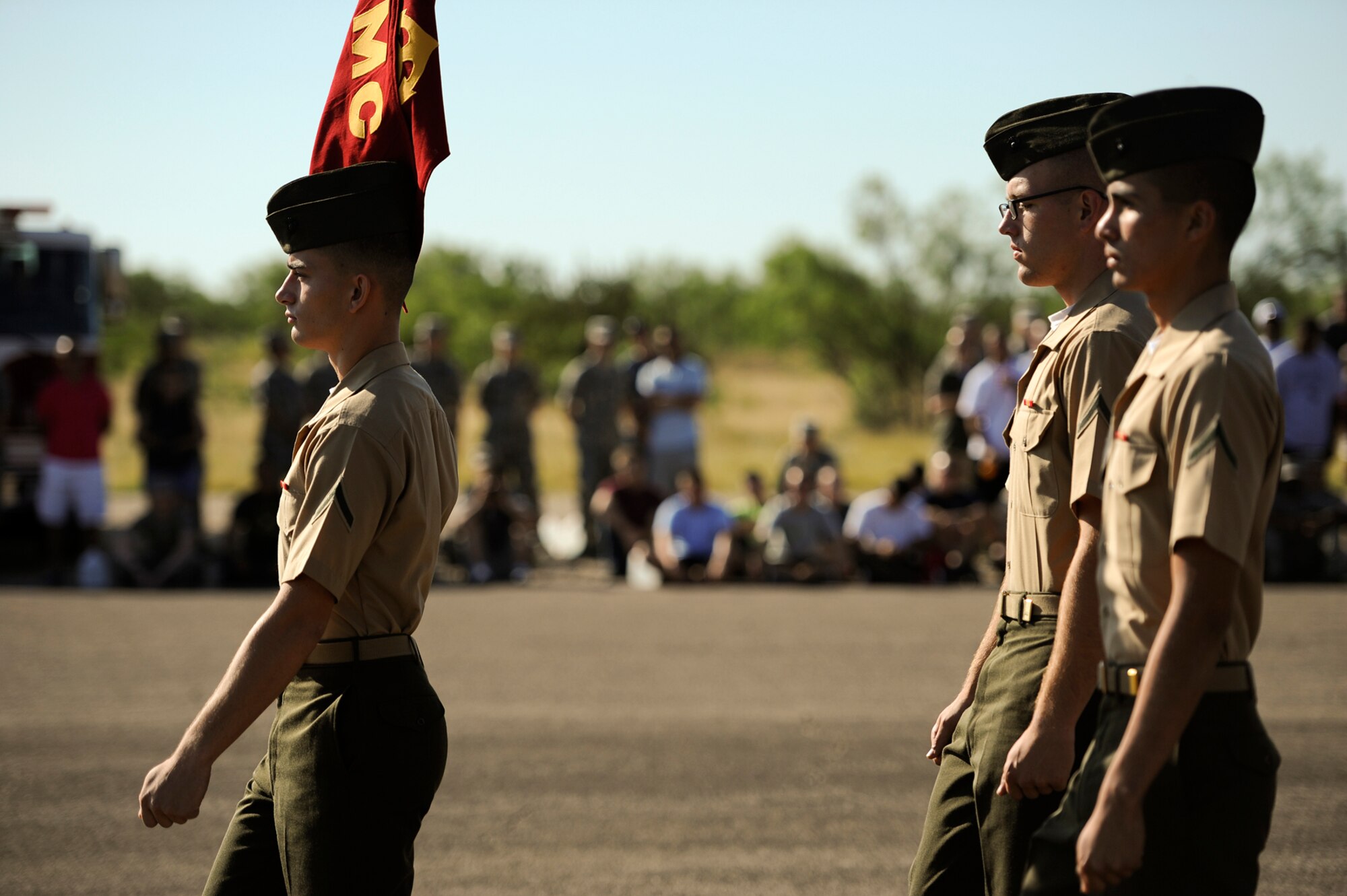 GOODFELLOW AIR FORCE BASE, Texas – Marine Corps Detachment students execute a drill routine during the third quarter drill competition on the flight line Aug. 9. The Marine detachment won first place in regulation drill. (U.S. Air Force photo/ Airman 1st Class Devin Boyer)

