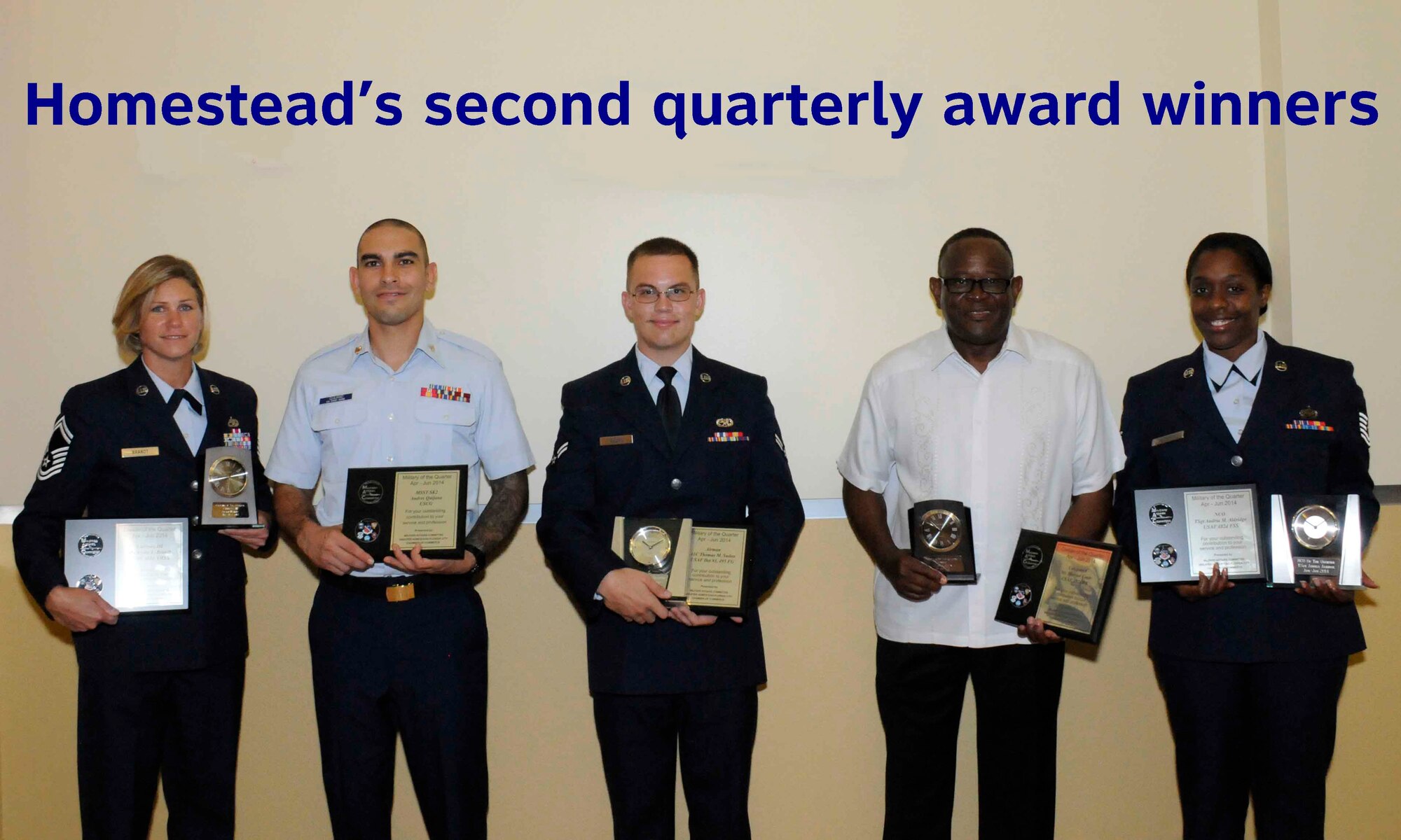 Military and civilian members representing the 482nd Fighter Wing, Special Operations Command South and U.S. Coast Guard Maritime Safety and Security Team Miami were honored by the Homestead/Florida City Military Affairs Committee at an awards luncheon Aug. 7. Recipients of the awards, from left to right: Senior Master Sgt. Leslie L. Brandt, 482nd Aircraft Maintenance Squadron, Petty Officer 2nd Class Andres Quijano, U.S. Coast Guard MSST, Airmen 1st Class Thomas M. Sudan, Detachment 93, 495th Fighter Group, Mr. Harriol Coats, 482nd Communications Squadron, Tech. Sgt. Audria M. Aldridge, 482nd Force Support Squadron. (U.S. Air Force graphic by/Senior Airman Aja Heiden)