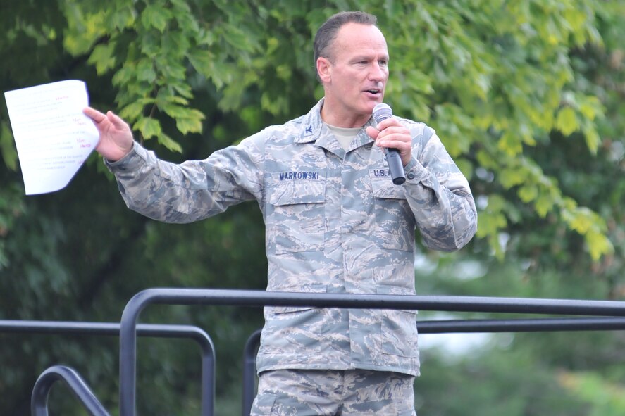 YOUNGSTOWN AIR RESERVE STATION, Ohio – Air Force Reserve Col. Darryl Markowski, 910th Airlift Wing vice commander, addresses a crowd of Citizen Airmen assigned to the Air Force Reserve’s 910th Airlift Wing and their families during the wing’s recent Family Day held here, August 3, 2014. Family day is an installation open house held for 910th Servicemembers and their families, designed to let Reserve families strengthen bonds and experience the home station of their Reservist loved one. U.S. Air Force photo by Tech. Sgt. James Brock.