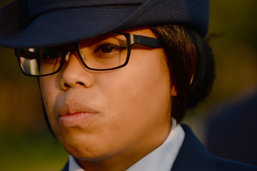 U.S. Air Force Staff Sgt. Shawnika Danielson, 20th Force Support Squadron Airman Leadership School instructor, inspects Airmen of class 14-6 at Shaw Air Force Base, S.C., Aug. 7, 2014. While in ALS, Airmen learn supervisory communication skills, professional Airmen knowledge, expeditionary Airmen tactics, and supervision of Airmen skills. (U.S. Air Force photo by Airman 1st Class Michael Cossaboom/Released)