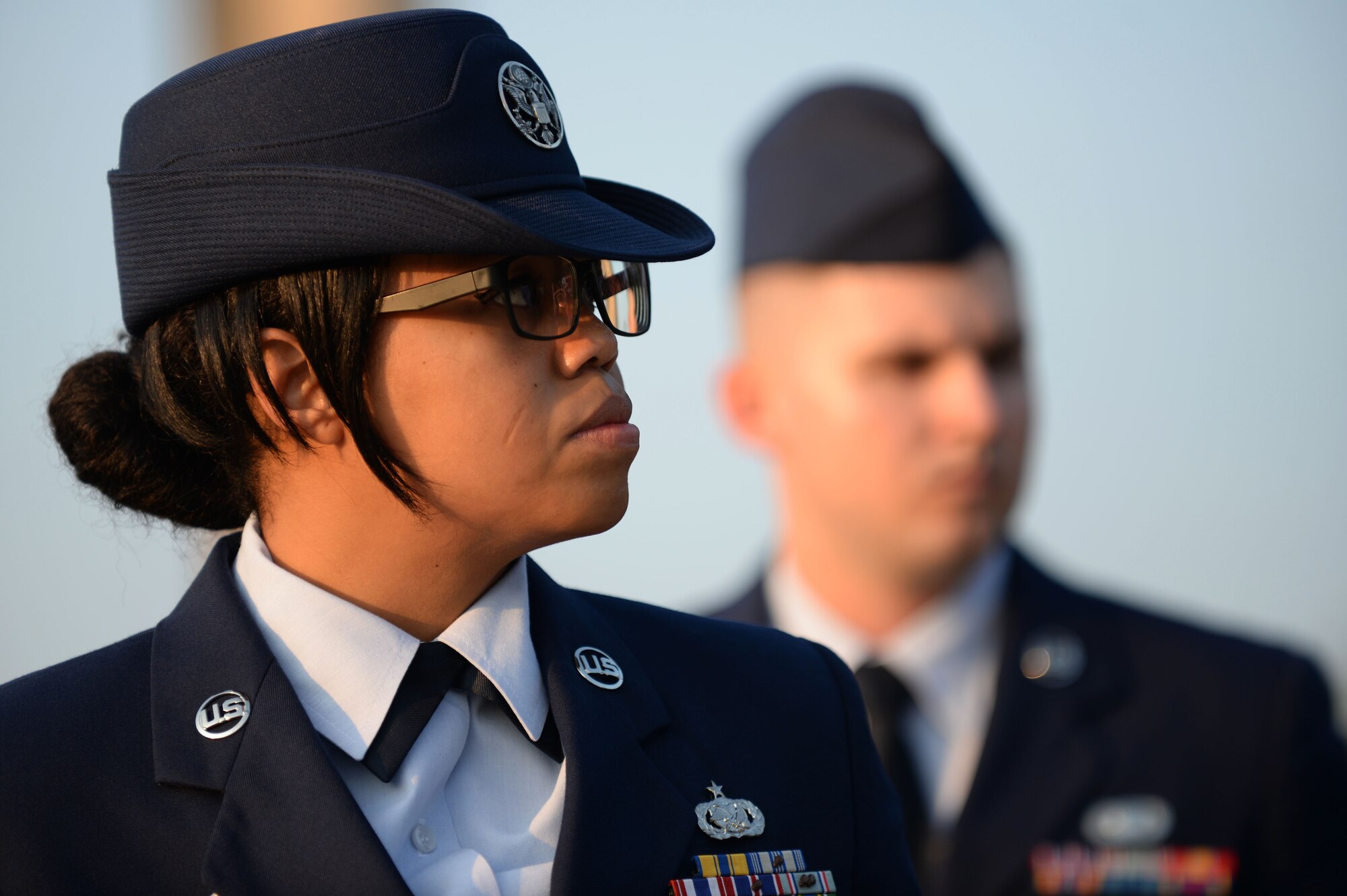 U.S. Air Force Staff Sgt. Shawnika Danielson, 20th Force Support Squadron Airman Leadership School instructor, inspects Airmen of class 14-6 at Shaw Air Force Base, S.C., Aug. 7, 2014. While in ALS, Airmen learn supervisory communication skills, professional Airmen knowledge, expeditionary Airmen tactics, and supervision of Airmen skills. (U.S. Air Force photo by Airman 1st Class Michael Cossaboom/Released)