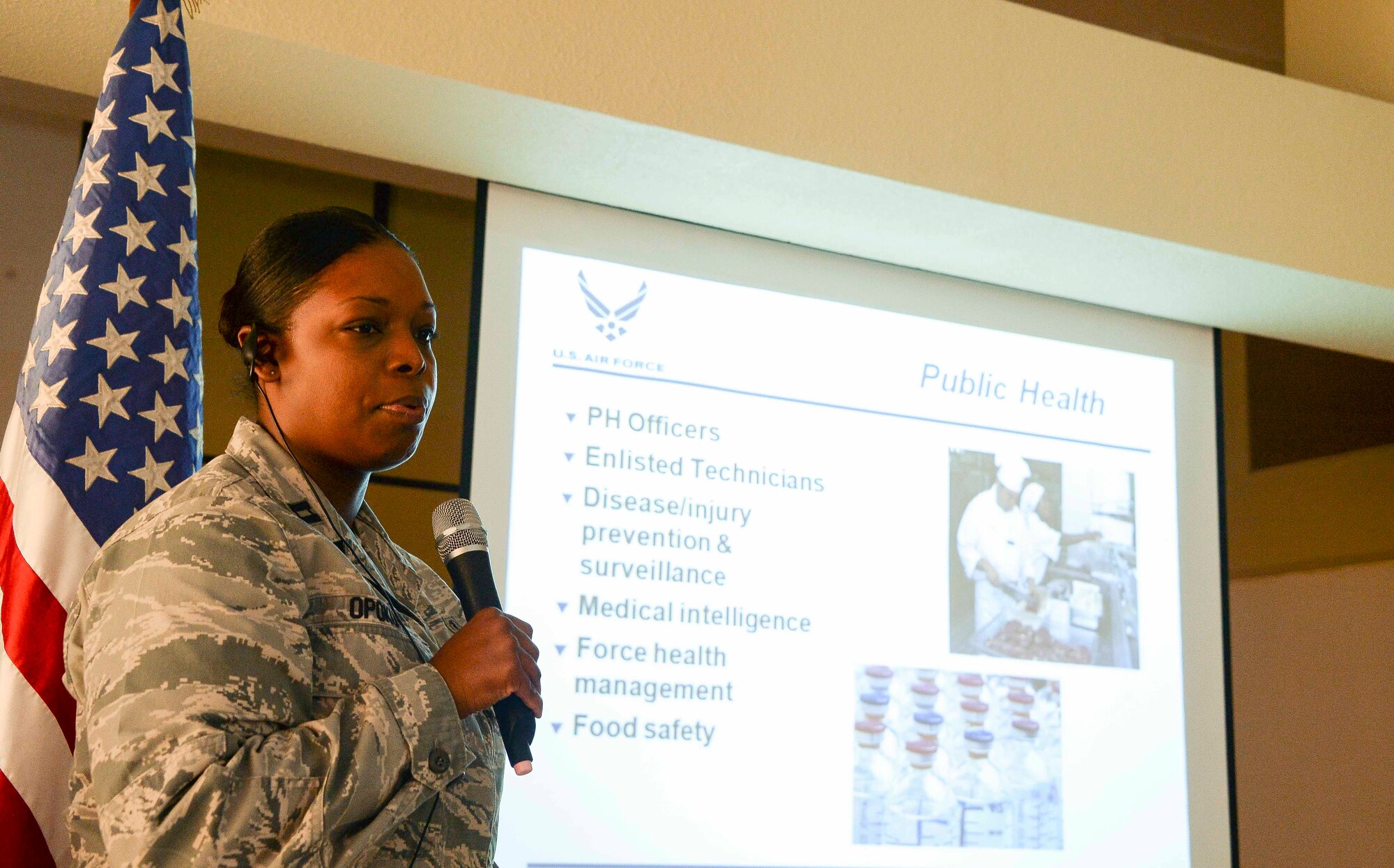 Capt. DeAndre Opoku, 12th Air Force (Air Forces Southern) International Health Specialist, briefs a group of Guatemalan army medical professionals on the importance of public health and how it relates to mission success during a subject matter expert exchange in Guatemala City, Guatemala, Aug. 7, 2014.  Airmen from AFOUTH along with National Guard Airmen from the 189th Airlift Wing in Arkansas participated in the exchange, which focused on establishing a variety of medical programs. (U.S. Air Force photo by Tech. Sgt. Heather R. Redman/Released)