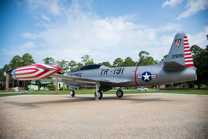 A T-33 Shooting Star sits on display at Moody Air Force Base, Ga., Aug. 11, 2014. Airmen here repainted the aircraft to better reflect its history with the Flying Tigers’ 76th Fighter-Intercept Squadron, now known as the 76th Fighter Squadron. (U.S. Air Force photo by Airman 1st Class Sandra Marrero/Released) 
