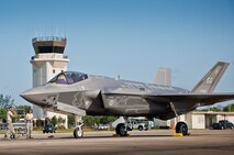 A 33rd Fighter Wing F-35A Lightning II powers down on the Duke Field flightline for the first time Aug. 6.  The joint strike fighter’s first visit to the reserve base was to participate in a joint major accident response exercise between the 33rd FW, 919th Special Operations Wing and the 96th Test Wing.  (U.S. Air Force photo/Tech. Sgt. Sam King)