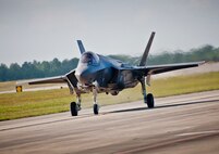 A 33rd Fighter Wing F-35A Lightning II taxies down the Duke Field flightline for the first time Aug. 6.  The joint strike fighter’s first visit to the reserve base was to participate in a joint major accident response exercise between the 33rd FW, 919th Special Operations Wing and the 96th Test Wing.  (U.S. Air Force photo/Tech. Sgt. Sam King)