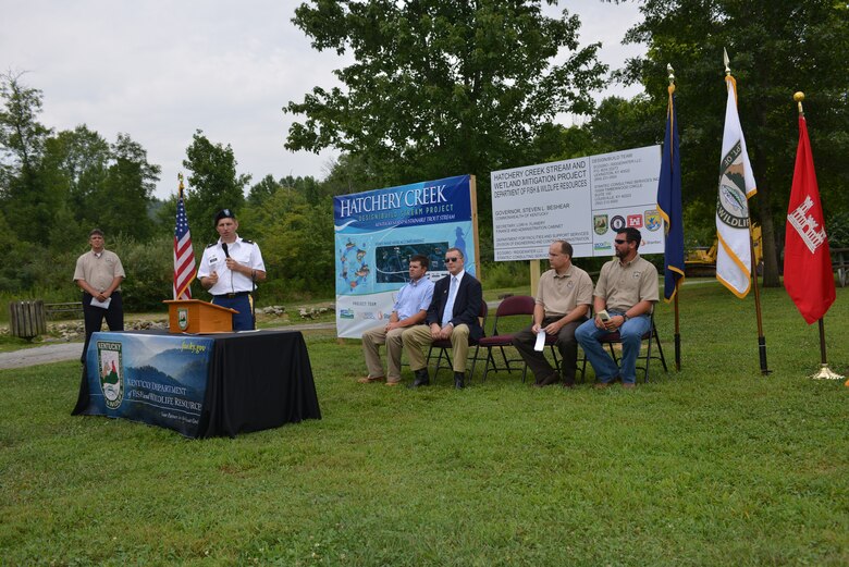 Lt. Col. John L. Hudson, Nashville District commander, speaks to a crowd at a ceremony today marking the groundbreaking for a $1.8 million Wolf Creek Hatchery Wetland and Stream Mitigation Program project below the Wolf Creek National Fish Hatchery on Aug. 8, 2014. 