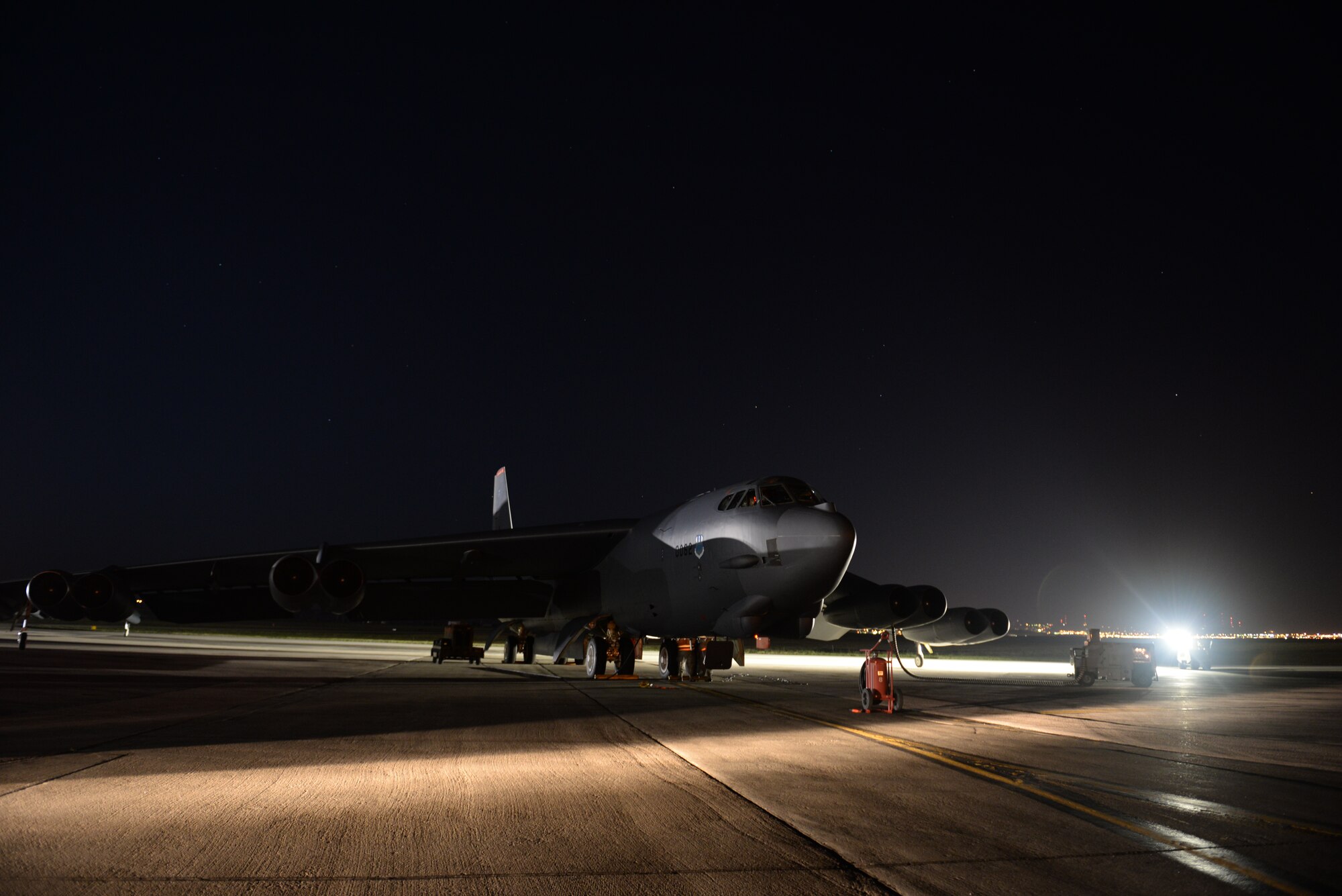 A B-52H Stratofortress, assigned to the 96th Bomb Squadron, Barksdale Air Force Base, Louisiana, sits ready for departure from Ellsworth Air Force Base, South Dakota, prior to a mission to the U.S. Southern Command area of operations Aug. 11, 2014. Assigned to the 2nd Bomb Wing, Barksdale, the aircraft and seven-person aircrew participated in PANAMAX 2014, an annual, U.S. Southern Command-sponsored multinational exercise that focuses on ensuring the defense of the Panama Canal. (U.S. Air Force photo by Airman 1st Class Rebecca Imwalle)