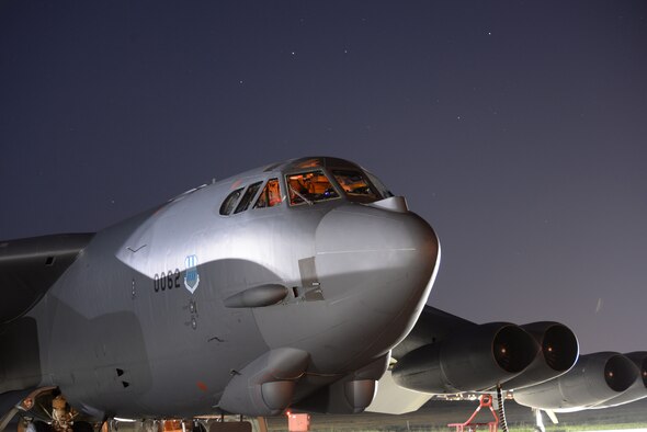 Airmen from the 96th Bomb Squadron, prepare a B-52H Stratofortress for takeoff at Ellsworth Air Force Base, South Dakota, prior to a 15.5-hour sortie to the U.S. Southern Command area of operations Aug. 11, 2014. Assigned to the 2nd Bomb Wing, Barksdale Air Force Base, Louisiana, the aircraft and seven-person aircrew participated in PANAMAX 2014, an annual U.S. Southern Command-sponsored exercise designed to provide multinational interoperability training in complex operations. (U.S. Air Force photo by Airman 1st Class Rebecca Imwalle)