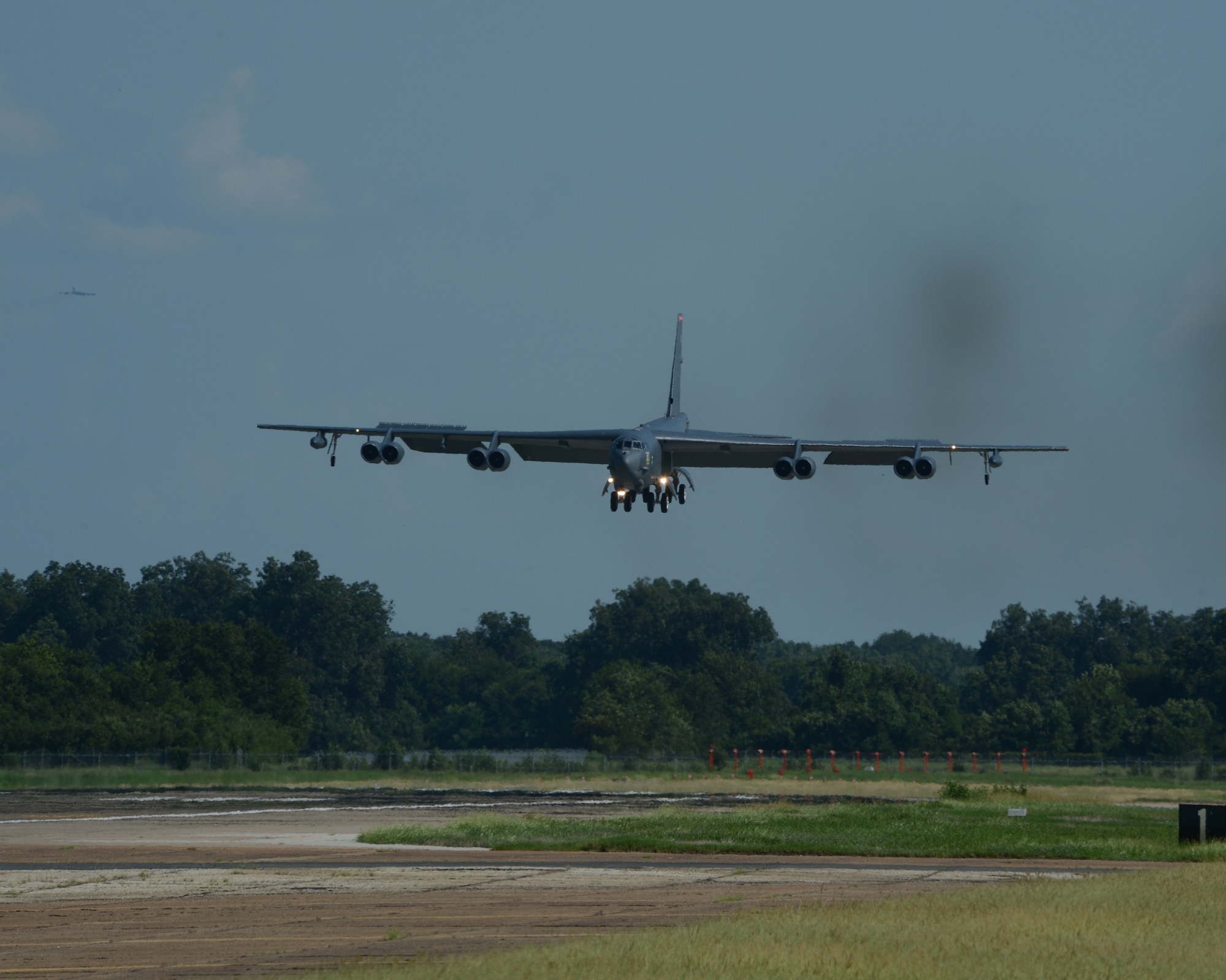 A B-52H Stratofortress returns home to Barksdale Air Force Base, Louisiana, Aug. 12, 2014 following a 15.5-hour sortie from the United States to the U.S. Southern Command area of operations during PANAMAX 2014. An annual U.S. Southern Command-sponsored multinational exercise, PANAMAX focuses on ensuring the defense of the Panama Canal. (U.S. Air Force photo/Senior Airman Benjamin Gonsier)