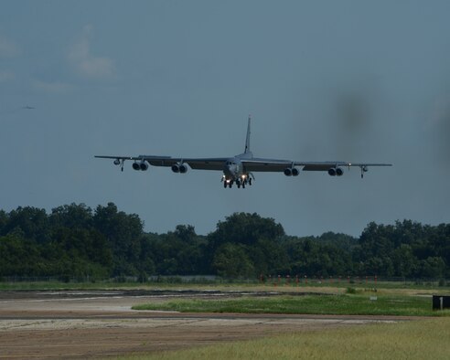 A B-52H Stratofortress returns home to Barksdale Air Force Base, Louisiana, Aug. 12, 2014 following a 15.5-hour sortie from the United States to the U.S. Southern Command area of operations during PANAMAX 2014. An annual U.S. Southern Command-sponsored multinational exercise, PANAMAX focuses on ensuring the defense of the Panama Canal. (U.S. Air Force photo/Senior Airman Benjamin Gonsier)