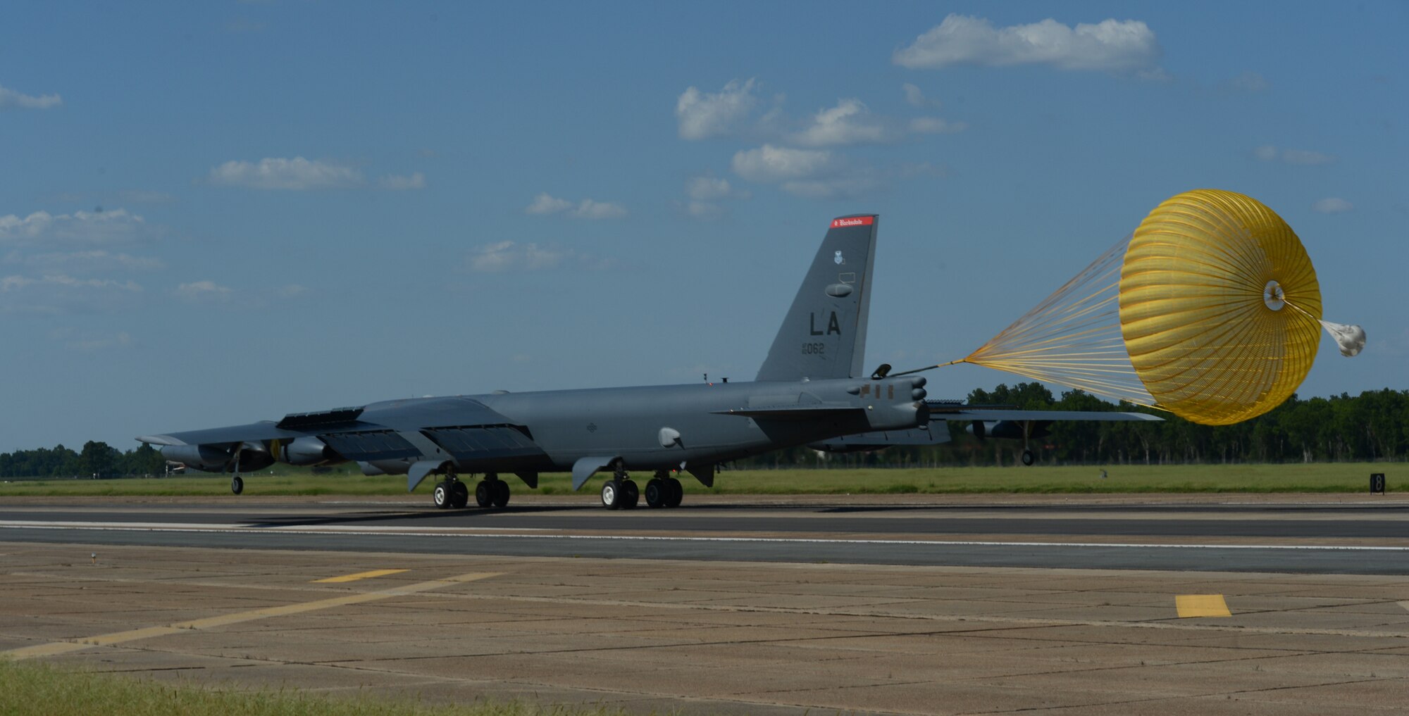 A B52-H Stratofortress lands at Barksdale Air Force Base, Louisiana, after a 15.5-hour nonstop sortie from the United States to the U.S. Southern Command area of responsibility Aug. 12, 2014. The long-range intelligence, surveillance and reconnaissance mission was part of a scenario to defend the Panama canal from myriad threats during PANAMAX 2014, a multinational U.S. Southern Command-sponsored exercise.  (U.S. Air Force photo/Senior Airman Benjamin Gonsier)