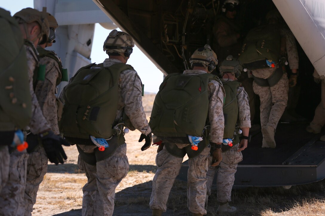 Marines with Company B, 1st Reconnaissance Battalion, 1st Marine Division, I Marine Expeditionary Force board a MV-22B Osprey to conduct proficiency jump training aboard Marine Corps Base Camp Pendleton Calif., Aug. 6, 2014 in preparation to deploy with the 15th Marine Expeditionary Unit, I MEF.  The Marines conducted static line jumps and several free fall jumps throughout the day.