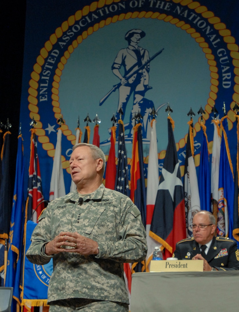 Gen. Frank Grass, chief of the National Guard Bureau, talks about the future of the National Guard during the 43rd Annual National Conference and Expo of the Enlisted Association of the National Guard of the United States, Aug. 11, 2014 The conference, held in Arizona, hosted more than 1,000 Guard members from across the country.