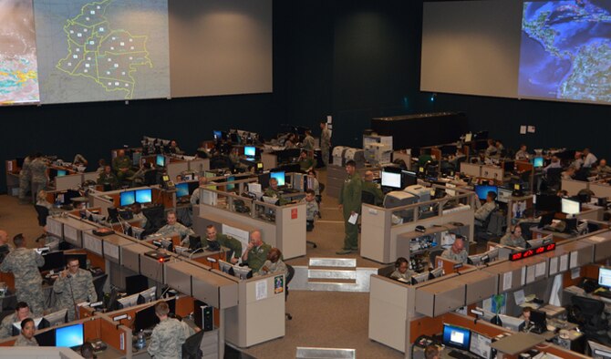 A rare look inside the Gen. James H. Doolittle Combined Air and Space Operations Center facility Aug. 22, 2013, at Davis-Monthan Air Force Base, Ariz. The facility is currently being used to support the U.S. Southern Command sponsored PANAMAX 2014 exercise series. The exercise focuses on ensuring the defense of the Panama Canal. Forces from 17 nations will take part in simulated training scenarios in the waters around the canal and other locations from Aug. 8-Aug. 15. (U.S. Air Force photo/Tech. Sgt. Heather Redman) 
