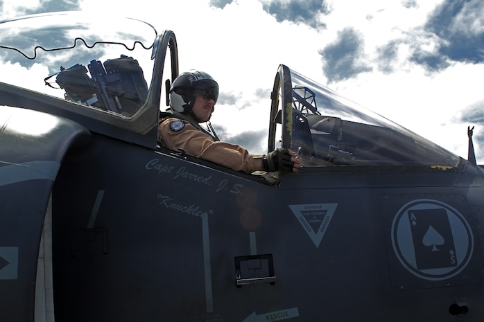 A Marine Aviator in an AV-8B Harrier Jump Jet from Marine Medium Tiltrotor Squadron 365 (Reinforced), 24th Marine Expeditionary Unit, waits to take off from the USS Iwo Jima off the coast of North Carolina, Aug. 11, 2014. The 24th MEU is taking part in Amphibious Squadron/Marine Expeditionary Unit Integration, or PMINT, the 24th MEU’s second major pre-deployment training exercise. PMINT is designed to bring Marines and Sailors from the 24th MEU and Amphibious Squadron 8 together for the first time aboard the ships of the Iwo Jima Amphibious Ready Group. (U.S. Marine Corps photo by Sgt. Devin Nichols)