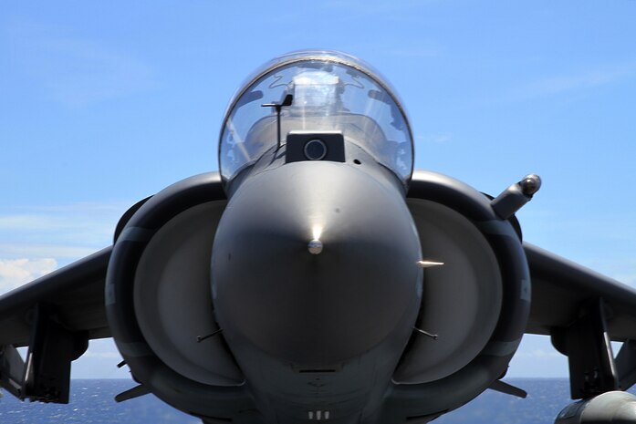 An AV-8B Harrier Jump Jet from Marine Medium Tiltrotor Squadron 365 (Reinforced), 24th Marine Expeditionary Unit, waits to take off from the USS Iwo Jima off the coast of North Carolina, Aug. 11, 2014. The 24th MEU is taking part in Amphibious Squadron/Marine Expeditionary Unit Integration, or PMINT, the 24th MEU’s second major pre-deployment training exercise. PMINT is designed to bring Marines and Sailors from the 24th MEU and Amphibious Squadron 8 together for the first time aboard the ships of the Iwo Jima Amphibious Ready Group. (U.S. Marine Corps photo by Lance Cpl. Dani A. Zunun)