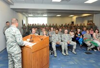 U.S. Air Force Lt. Col. Milton J. Addison addresses airmen after taking command of the 145th Civil Engineer Squadron during a Change of Command ceremony held at the North Carolina Air National Guard base, Charlotte Douglas Intl. airport, June 7, 2014. Addison joins the 145th Airlift Wing after serving as commander of the 159th Civil Engineer Squadron, Louisiana ANG. (U.S. Air National Guard photo by Master Sgt. Patricia F. Moran, 145th Public Affairs/Released) 