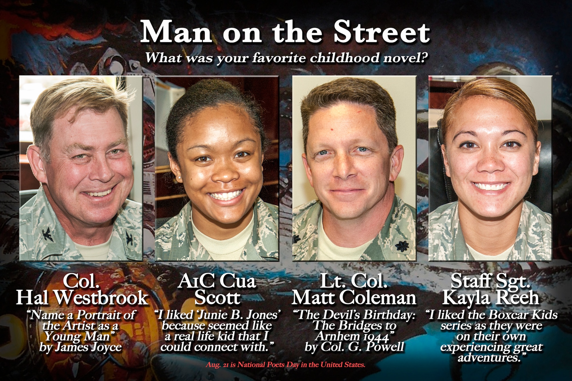 Check out this week's Man on the Street highlighting Fairchild Airmen and their favorite childhood novels at Fairchild Air Force Base, Washington, Aug. 15, 2014. Aug. 21 is National Poets Day in the United States. (U.S. Air Force graphic by Staff Sgt. Benjamin W. Stratton/Released)