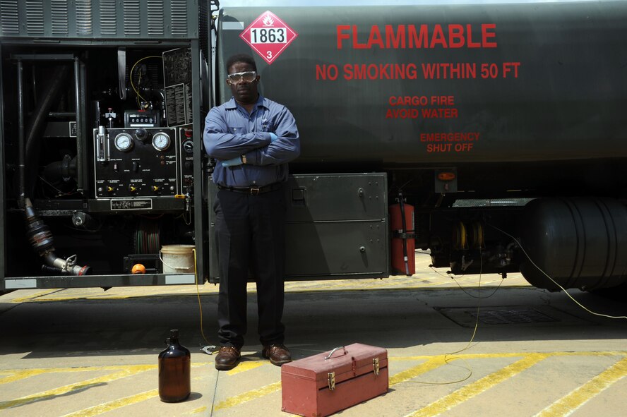 John Brown, a fuels lab supervisor and assistant manager from the 42nd Logistics and Readiness Squadron Fuels, testing of the fuel at Maxwell Air Force Base Ala., Aug. 6, 2014. Brown was testing for excessive amounts of water and sediments in the fuel. (U.S Air Force photo/Airman 1st Class Alexa N. Culbert)