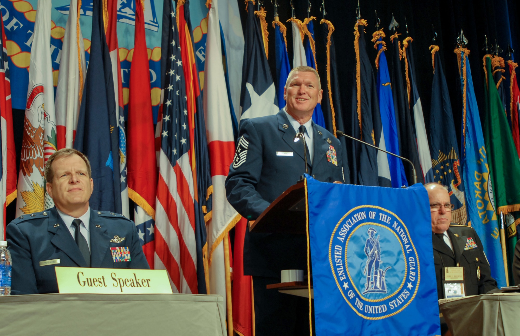 Chief Master Sgt. Shane Clark, Arizona National Guard senior enlisted
advisor, welcomes Soldiers and Airmen from around the country to Phoenix at
the start of the 43rd Annual National Conference and Expo of the Enlisted
Association of the National Guard of the United States, Aug. 10. Since 2010,
members of the Enlisted Association of the National Guard of Arizona and the
Arizona Auxiliary worked to organize the 2014 conference which hosted over
1,000 EANGUS members from across the country. (National Guard photo by Sgt.
Lauren Twigg)