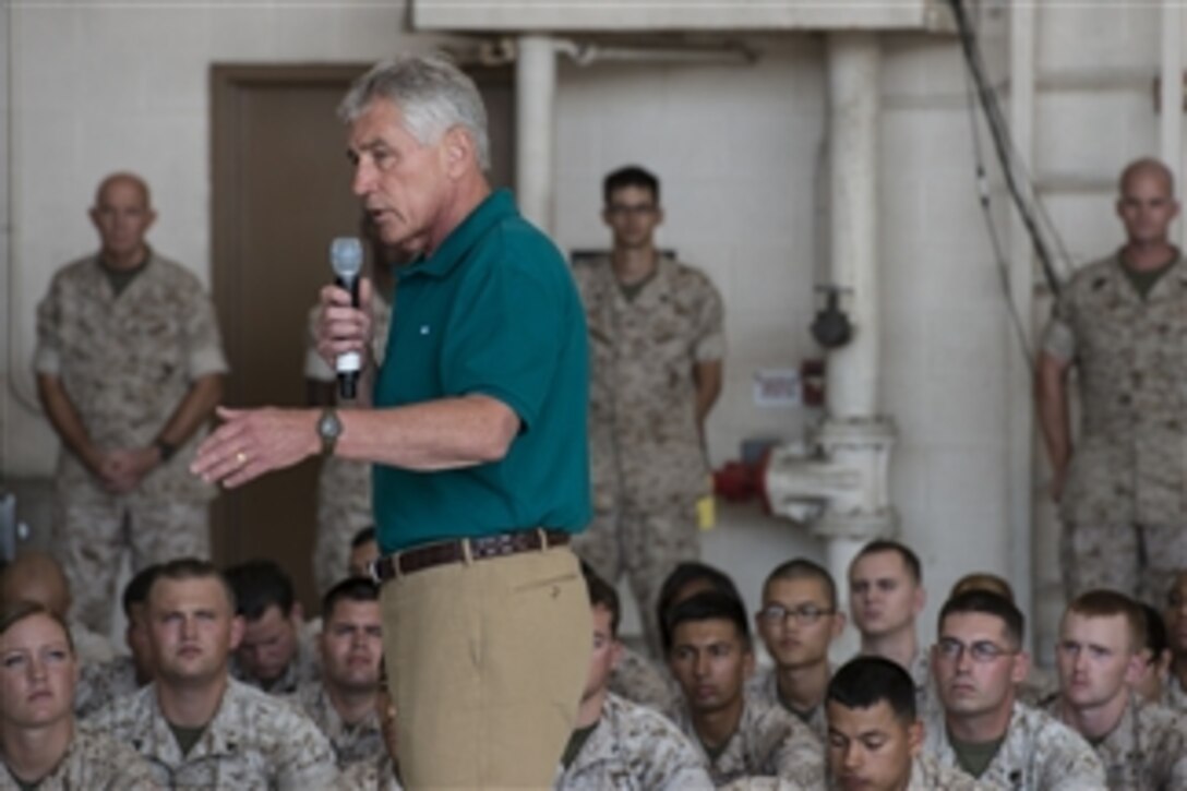 Defense Secretary Chuck Hagel speaks to Marines stationed on Camp Pendleton, Calif., Aug. 12, 2014, after returning from a trip to Germany, India and Australia.