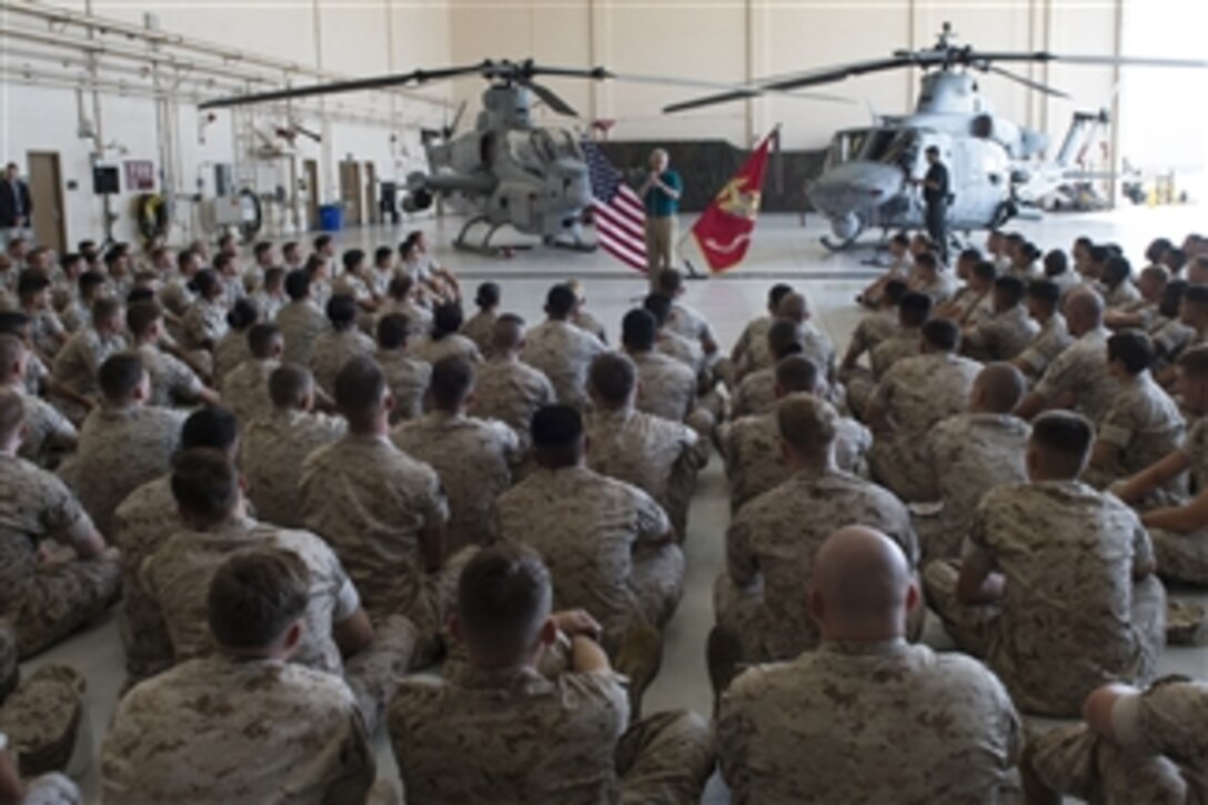 Defense Secretary Chuck Hagel speaks to Marines stationed on Camp Pendleton, Calif., Aug. 12, 2014, after returning from a trip to Germany, India and Australia.
