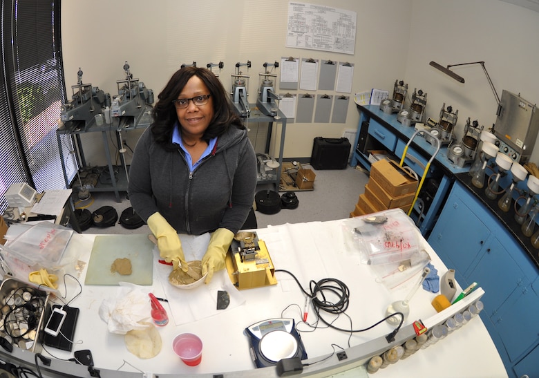 MARIETTA, Ga. – Angie Bacon, civil engineering technician, tests a soil sample for plasticity and liquidity using the "atterberg" limit test at the U.S. Army Corps of Engineers Savannah District Environmental and Materials Unit. 