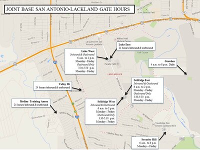 There are multiple gates avaiable to drivers coming on to Joint Base San Antonio-Lackland and 802nd Security Forces Squadron encourages everyone to consider all options for driving on base to help alleviate the congestion at the Luke East gate. (U.S. Air Force Photo Illustration by Leslie Finstein)