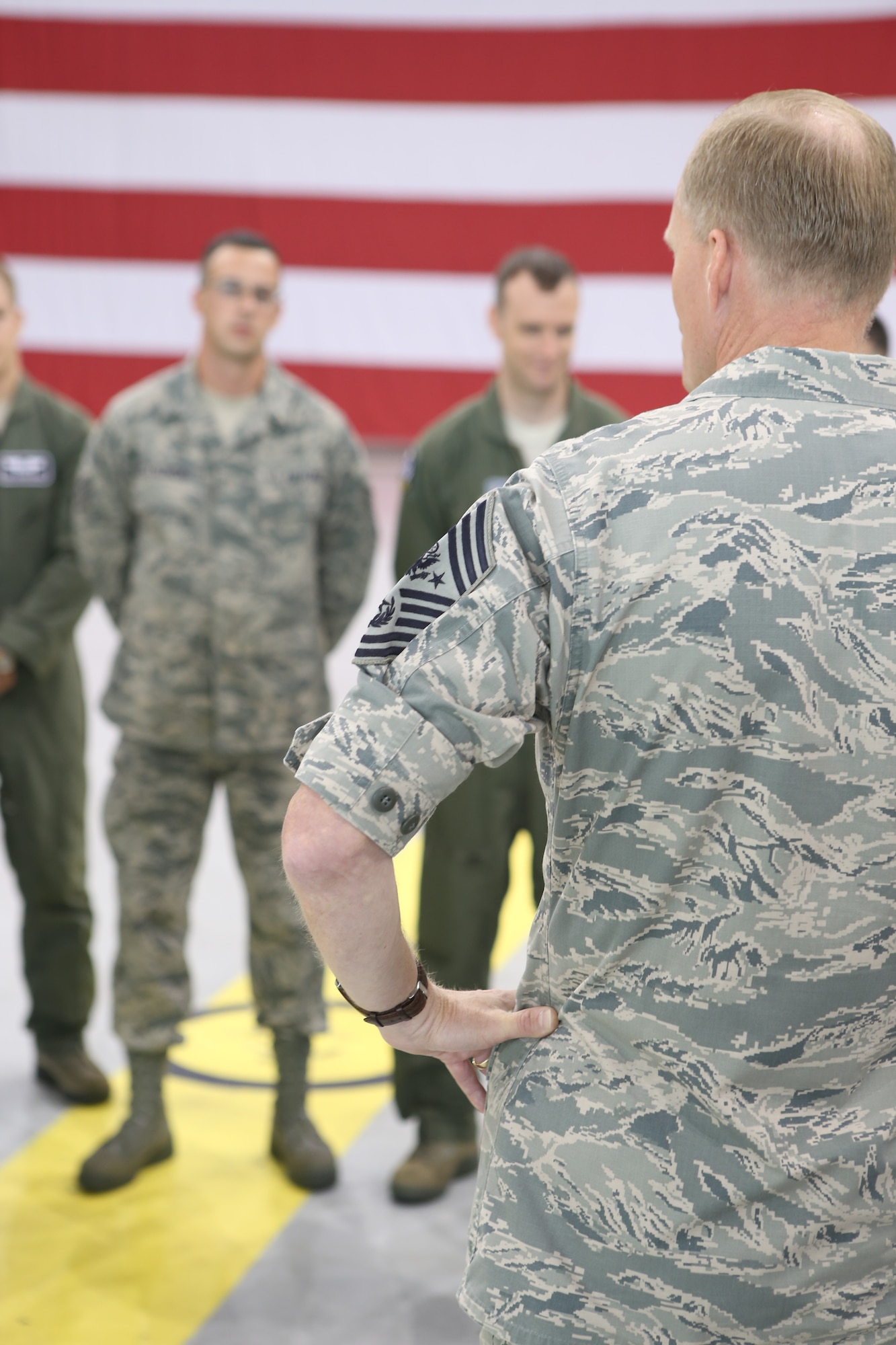 Chief Master Sgt. of the Air Force James A. Cody talks to Airmen at Tinker Air Force Base Aug. 1.  (U.S. Air Force Photo/SSgt. Caleb Wanzer) 