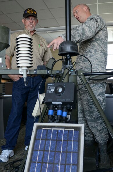 Retired Senior Master Sgt. Dennis Miller is shown a tactical meteorological observing system by Senior Airman Scott Hilde, 5th Operations Squadron weather forecaster, on Minot Air Force Base, N.D., Aug. 8, 2014. Hilde gave Miller a tour of the new weather flight facility, and discussed the advances their career field has made in weather monitoring technology and methodology over the years. (U.S. Air Force photo/Senior Airman Stephanie Morris.)