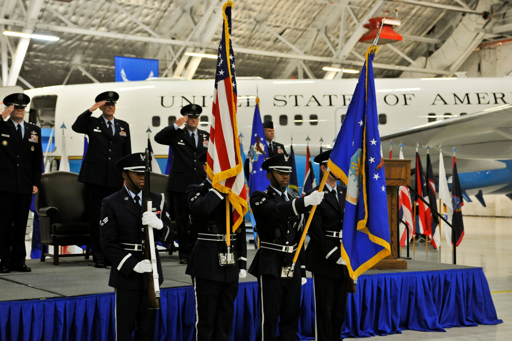 The 11th Wing Base Honor Guard presents colors at the 89th Airlift Wing change-of-command ceremony at Joint Base Andrews, Md., Aug. 14, 2014. Col. John C. Millard assumed command of the 89th from Col. David L. Almand, who is scheduled to retire in November. Lt. Gen. Carlton D. Everhart II, 18th Air Force commander, officiated the event. (U.S. Air Force photo by Master Sgt. Kevin Wallace/RELEASED)