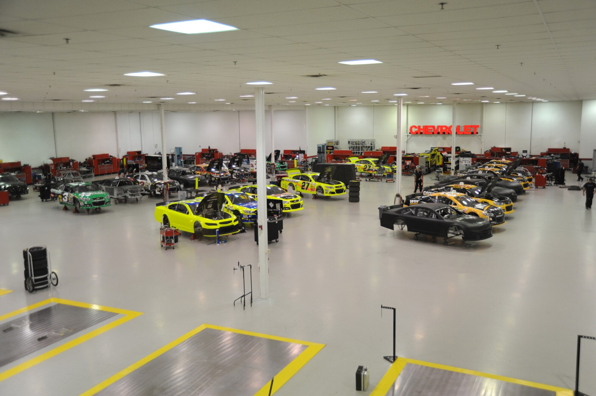 On 11 Aug. Airmen and Soldiers from Pope Army Airfield and Fort Bragg toured the Richard Childress Racing pavilion located in Welcome, N.C.  The service members toured the Earnhardt Childress Racing facility where the engines are manufactured, as well as the assembly Richard Childress Racing facility where the car frames and engines go through their final assembly.  Here is a view of the main assembly bay where as the cars pas before being released to race (U.S. Air Force photo Master Sgt. Kevin Brody).