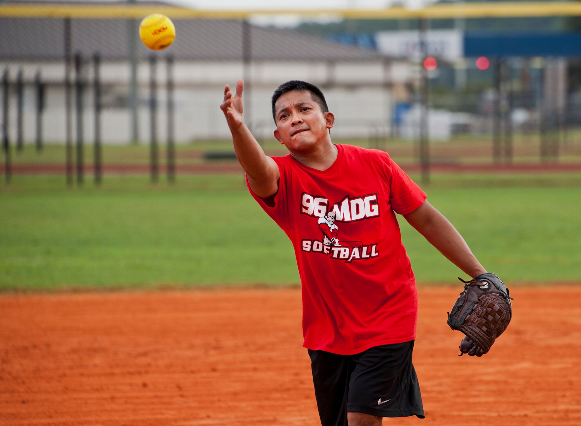The 96th Medical Group’s Jerry Marquez pitches to home plate during his team’s rout of the 780th Test Squadron during an intramural softball game at Eglin Air Force Base, Fla., Aug. 12.  MDG defeated the 780th, 22-3.  (U.S. Air Force photo/Tech. Sgt. Cheryl Foster)