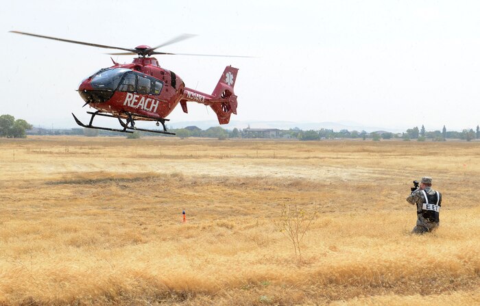 A local air medical services helicopter prepares to land during an emergency services exercise at Beale Air Force Base, Calif., Aug. 8, 2014. The exercise featured more than 20 base and local agencies. (U.S. Air Force photo by John Schwab/Released)
