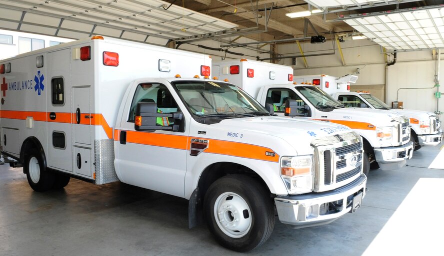 Ambulances are stocked and ready to be utilized during an emergency, Aug. 1, 2014, at Mountain Home Air Force Base, Idaho. The staffed ambulance and UCC with in-house physicians is open 24-hours a day. (U.S. Air Force photo by Senior Airman Caitlin Guinazu/RELEASED) 