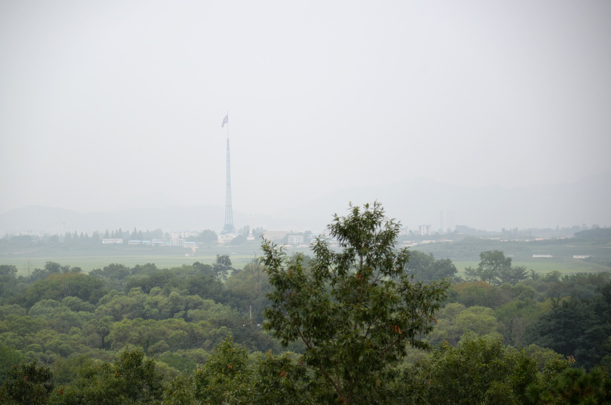 Kijong-dong, or Peace Village, is visible from a viewing platform near the Demilitarized Zone in the Republic of Korea, Aug. 13, 2014. The site is known as “Propaganda Village,” since it was constructed by the Democratic People’s Republic of Korea in an effort to portray an enticing lifestyle in the north, but is largely uninhabited. (U.S. Air Force photo/Airman 1st Class Ashley J. Thum)
