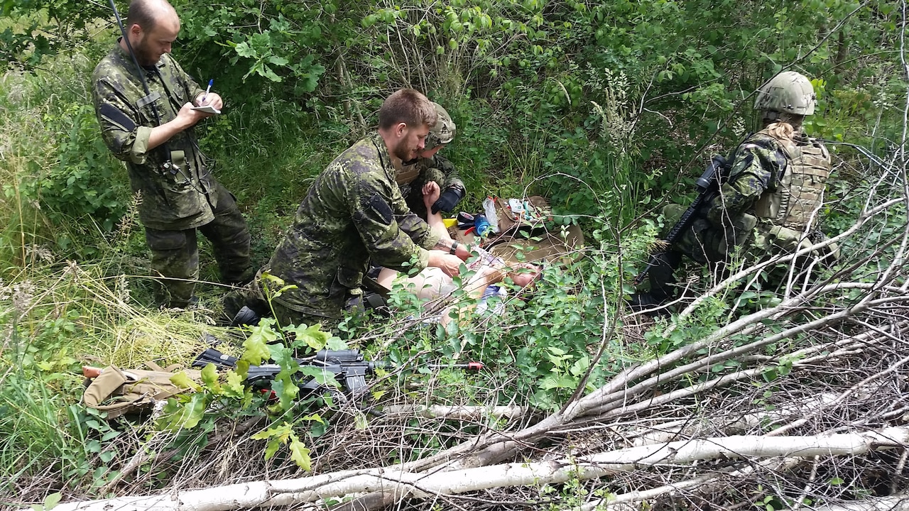 A medical group with the Danish Home Guard practices wound analysis, preparation and movement of a casualty to an aid station in Denmark, June 20, 2014. Exercises with American soldiers participating through the Military Reserve Exchange Program provide all involved with a joint training environment. U.S. Army photo by 1st Lt. Kyle Kennedy