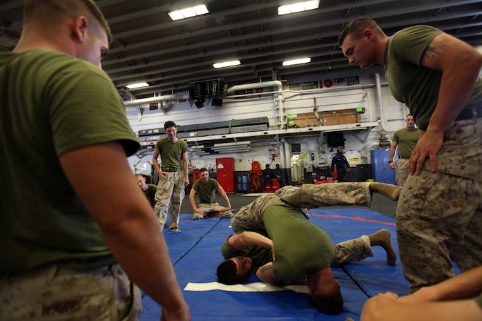 Marines with Battalion Landing Team 3rd Battalion, 6th Marine Regiment, 24th Marine Expeditionary Unit, practice grappling skills during part of Marine Corps Martial Arts Program, or MCMAP, training aboard the USS Iwo Jima, August 8, 2014, off the coast of North Carolina. The 24th MEU is taking part in Amphibious Squadron/ Marine Expeditionary Unit Integration, or PMINT, the 24th MEU’s second major pre-deployment training exercise. PMINT is designed to bring Marines and Sailors from the 24th MEU and Amphibious Squadron 8 together for the first time aboard the ships of the Iwo Jima Amphibious Ready Group. (U.S. Marine Corps Photo by Cpl. Todd F. Michalek)
