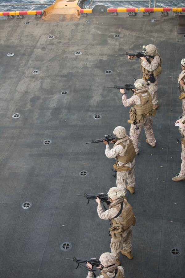 U.S. 5TH FLEET AREA OF RESPONSIBILITY (July 30, 2014) U.S. Marines with low altitude air defense section, Marine Medium Tiltrotor Squadron (VMM) 263 (Reinforced), 22nd Marine Expeditionary Unit (MEU), perform movement to target drills during a live-fire range aboard the amphibious assault ship USS Bataan (LHD 5). The 22nd MEU is deployed with the Bataan Amphibious Ready Group as a theater reserve and crisis response force throughout the U.S. Central Command and the U.S. 5th Fleet area of responsibility. (U.S. Marine Corps photo by Sgt. Alisa J. Helin/Released)