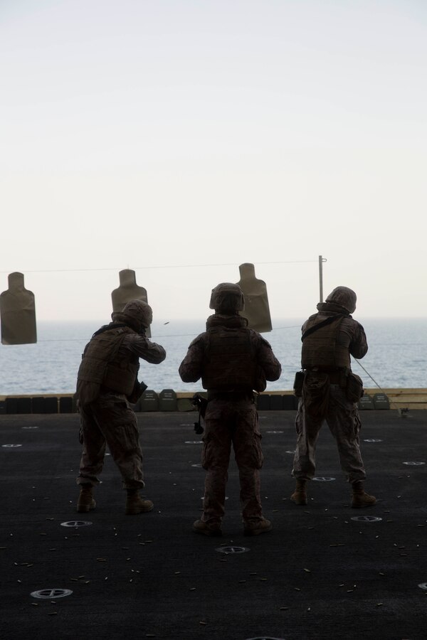 U.S. 5TH FLEET AREA OF RESPONSIBILITY (July 30, 2014) U.S. Marines with low altitude air defense section, Marine Medium Tiltrotor Squadron (VMM) 263 (Reinforced), 22nd Marine Expeditionary Unit (MEU), fire at their targets during a live-fire range aboard the multi-purpose amphibious assault ship USS Bataan (LHD 5). The 22nd MEU is deployed with the Bataan Amphibious Ready Group as a theater reserve and crisis response force throughout the U.S. Central Command and the U.S. 5th Fleet area of responsibility. (U.S. Marine Corps photo by Sgt. Alisa J. Helin/Released)