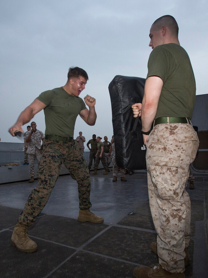 U.S. 5TH FLEET AREA OF RESPONSIBILITY (Aug. 6, 2014) U.S. Marine Corps Lance Cpl. Ben Crabtree, left, Battalion Landing Team 1st Battalion, 6th Marine Regiment, 22nd Marine Expeditionary Unit (MEU), machine gunner and native of Medina, Ohio, defends himself from a simulated attacker, after being sprayed with oleoresin capsicum (OC) spray, also known as pepper spray, as part of an OC spray course aboard the amphibious transport dock ship USS Mesa Verde (LPD 19). The 22nd MEU is deployed with the Bataan Amphibious Ready Group as a theater reserve and crisis response force throughout U.S. Central Command and the U.S. 5th Fleet area of responsibility. (U.S. Marine Corps photo by Cpl. Manuel A. Estrada/Released)